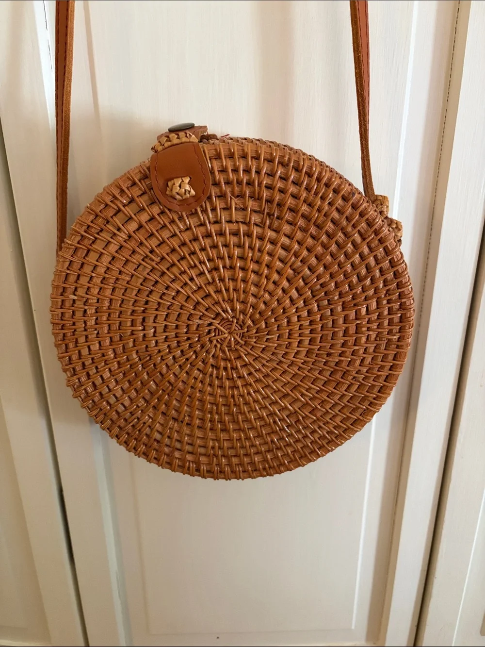 Tan Woven Round Crossbody Bag